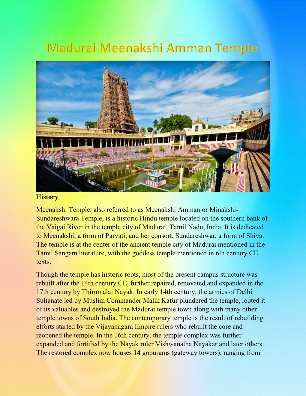 History Meenakshi Temple, Also Referred to As Meenakshi Amman Or