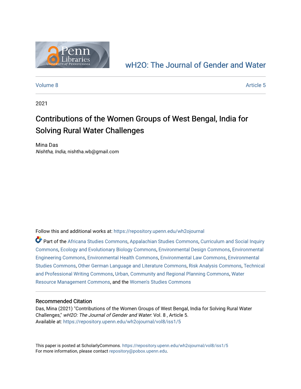 Contributions of the Women Groups of West Bengal, India for Solving Rural Water Challenges