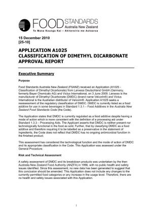 Application A1025 Classification of Dimethyl Dicarbonate Approval Report