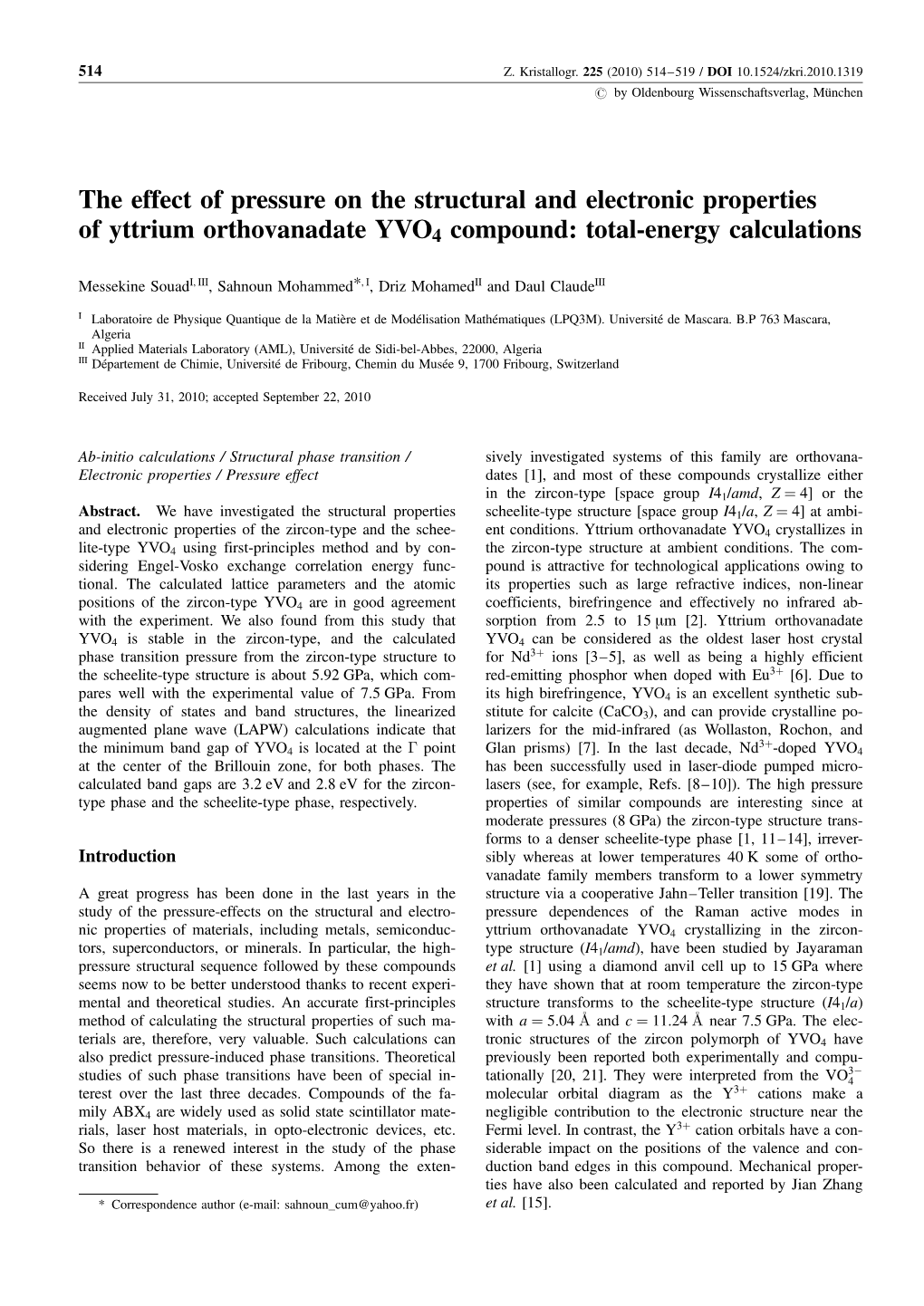 The Effect of Pressure on the Structural and Electronic Properties of Yttrium Orthovanadate YVO4 Compound: Total-Energy Calculations