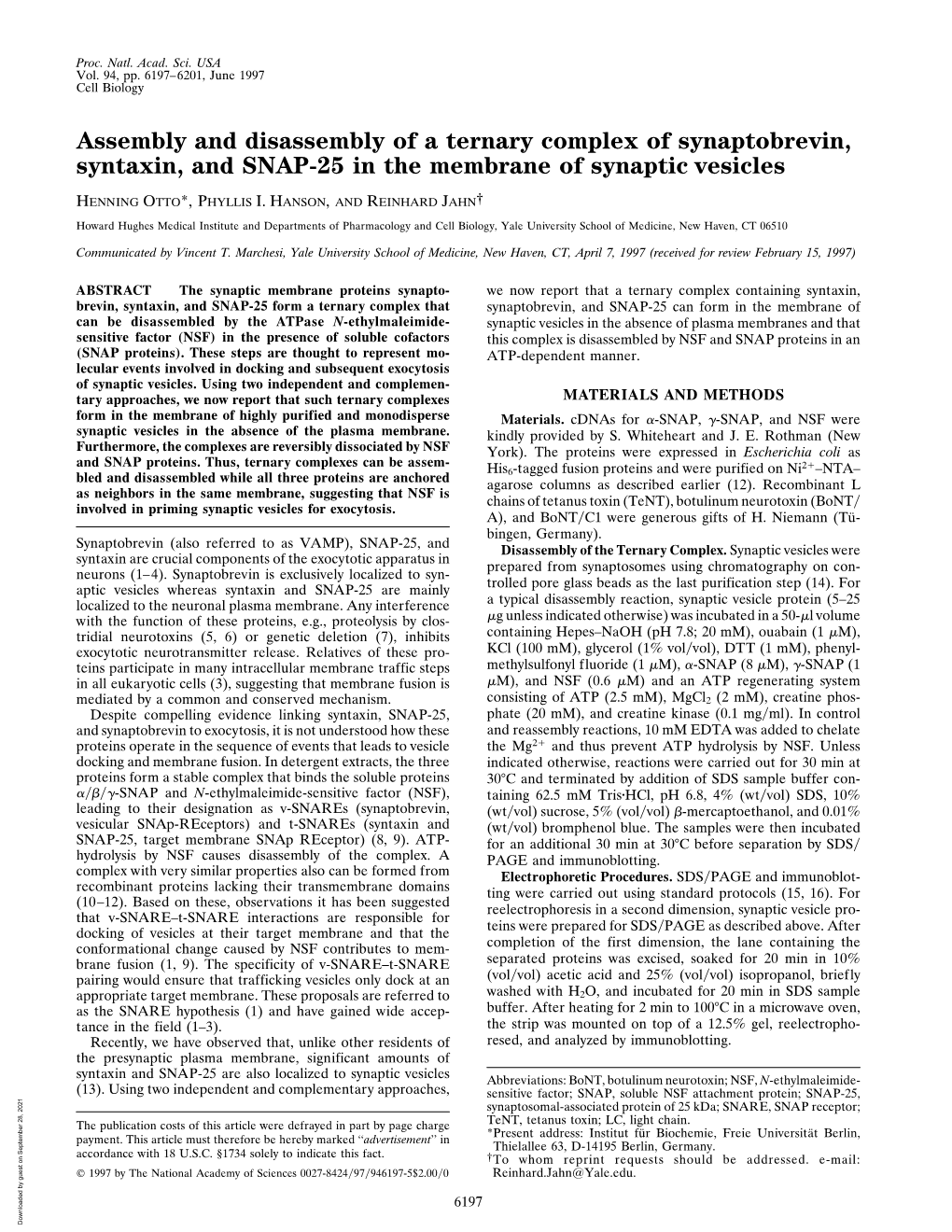 Assembly and Disassembly of a Ternary Complex of Synaptobrevin, Syntaxin, and SNAP-25 in the Membrane of Synaptic Vesicles