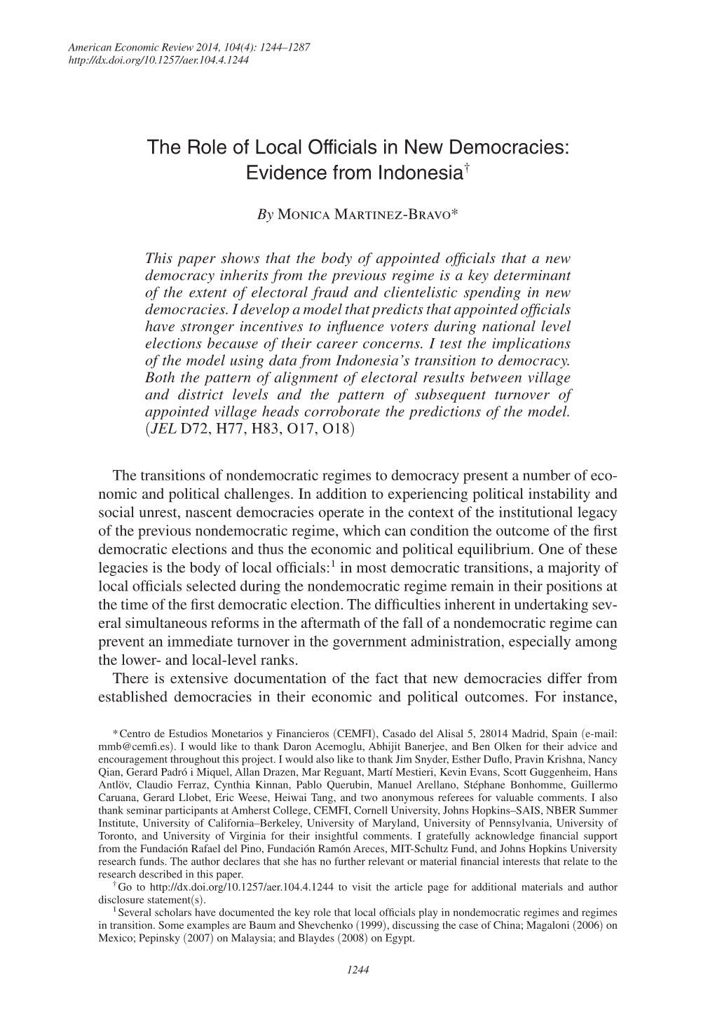 The Role of Local Officials in New Democracies: Evidence from Indonesia†