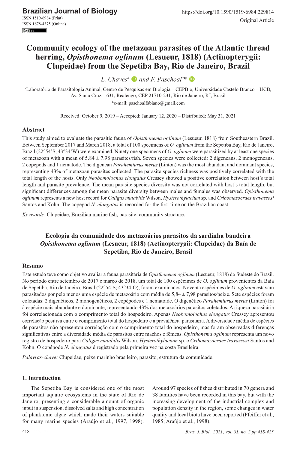 (Lesueur, 1818) (Actinopterygii: Clupeidae) from the Sepetiba Bay, Rio De Janeiro, Brazil L