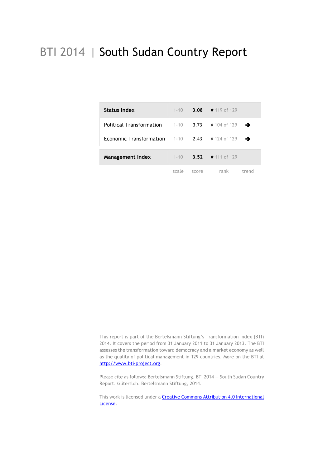 South Sudan Country Report BTI 2014