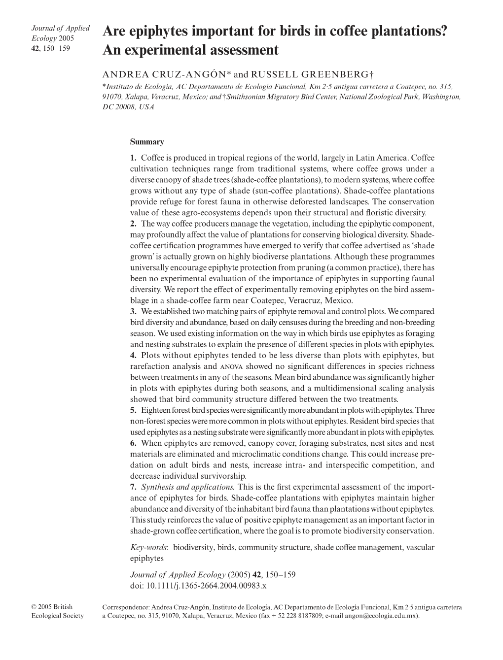 Are Epiphytes Important for Birds in Coffee Plantations? 42, 150–159 an Experimental Assessment