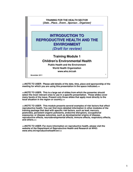 INTRODUCTION to REPRODUCTIVE HEALTH and the ENVIRONMENT (Draft for Review)