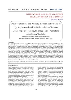Physico Chemical and Primary Biochemical Studies of Hygrocybe