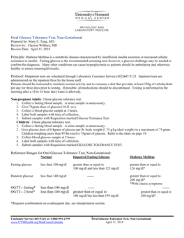 1 Oral Glucose Tolerance Test, Non-Gestational Reference Ranges