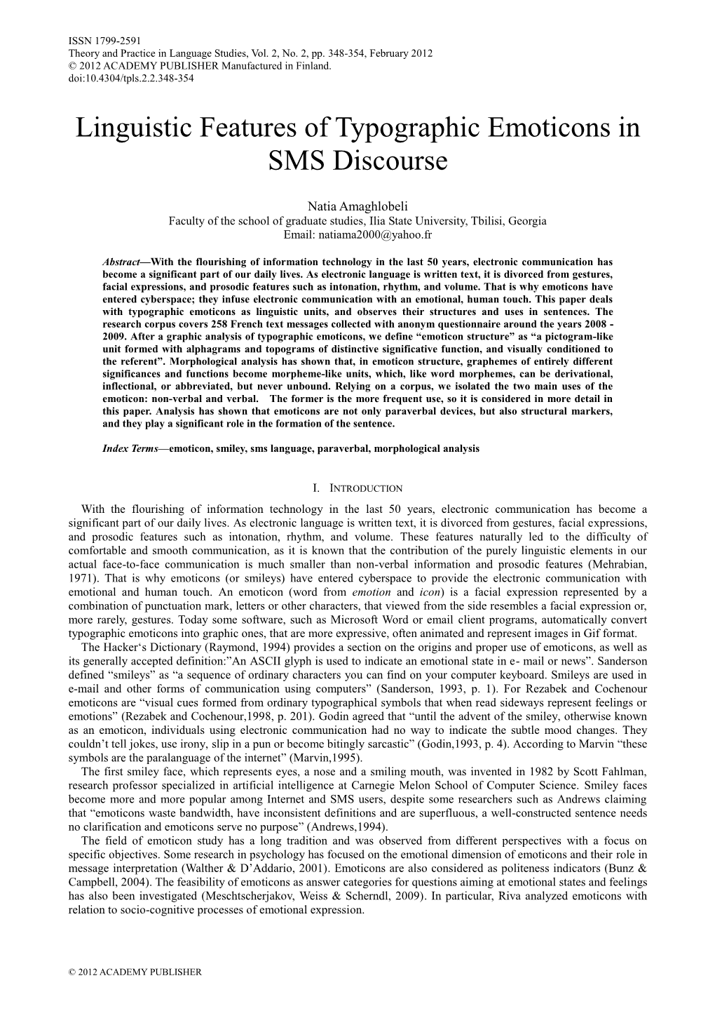 Linguistic Features of Typographic Emoticons in SMS Discourse