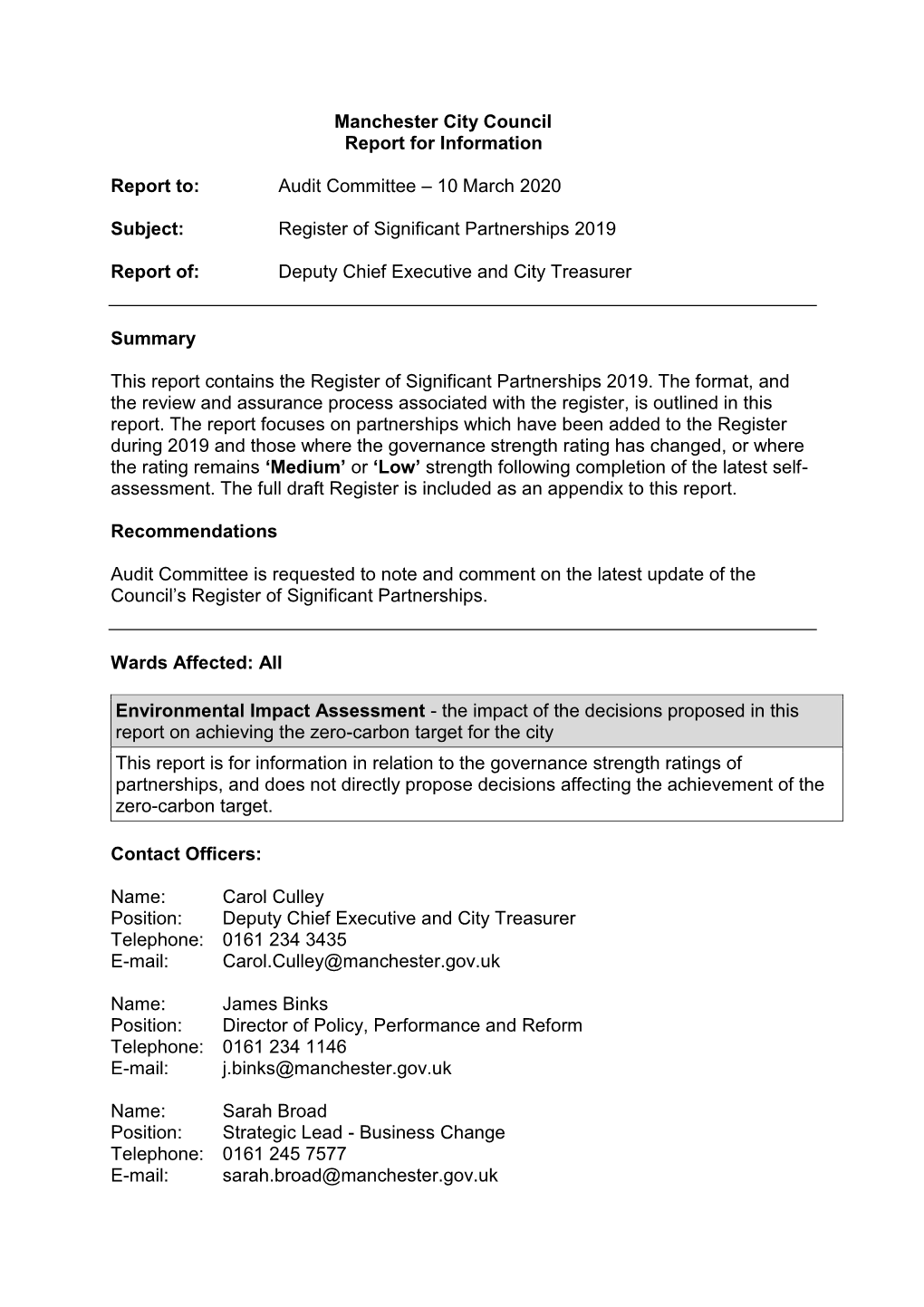 Manchester City Council Report for Information Report To: Audit