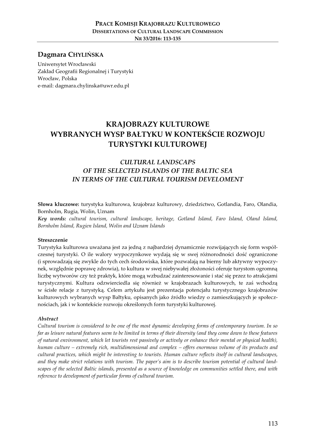 Krajobrazy Kulturowe Wybranych Wysp Bałtyku W Kontekście Rozwoju Turystyki Kulturowej