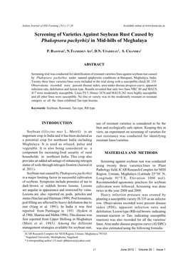 Screening of Varieties Against Soybean Rust Caused by Phakopsora Pachyrhizi in Mid-Hills of Meghalaya