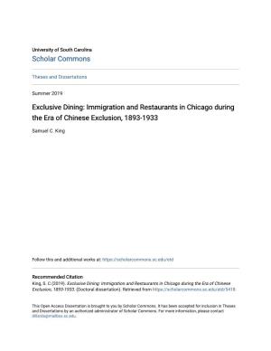 Immigration and Restaurants in Chicago During the Era of Chinese Exclusion, 1893-1933