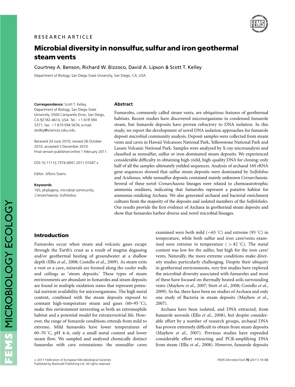 Microbial Diversity in Nonsulfur, Sulfur and Iron Geothermal Steam Vents