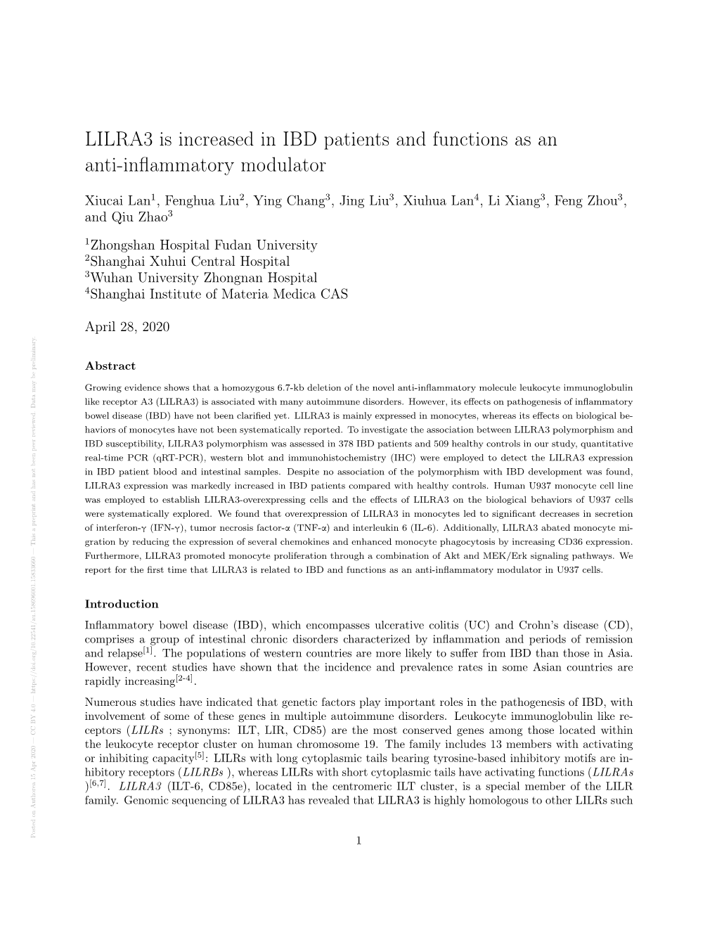 LILRA3 Is Increased in IBD Patients and Functions As an Anti
