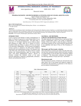Pharmacognostic and Phytochemical Investigation of Celosia Argentea Linn