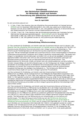 Verordnung Des Sächsischen Staatsministeriums Für Wirtschaft, Arbeit Und Verkehr Zur Finanzierung Des Öffentlichen Personennahverkehrs (Öpnvfinvo)1 Vom 29