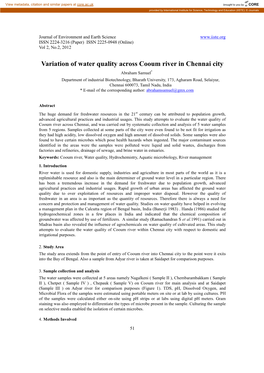 Variation of Water Quality Across Cooum River in Chennai City