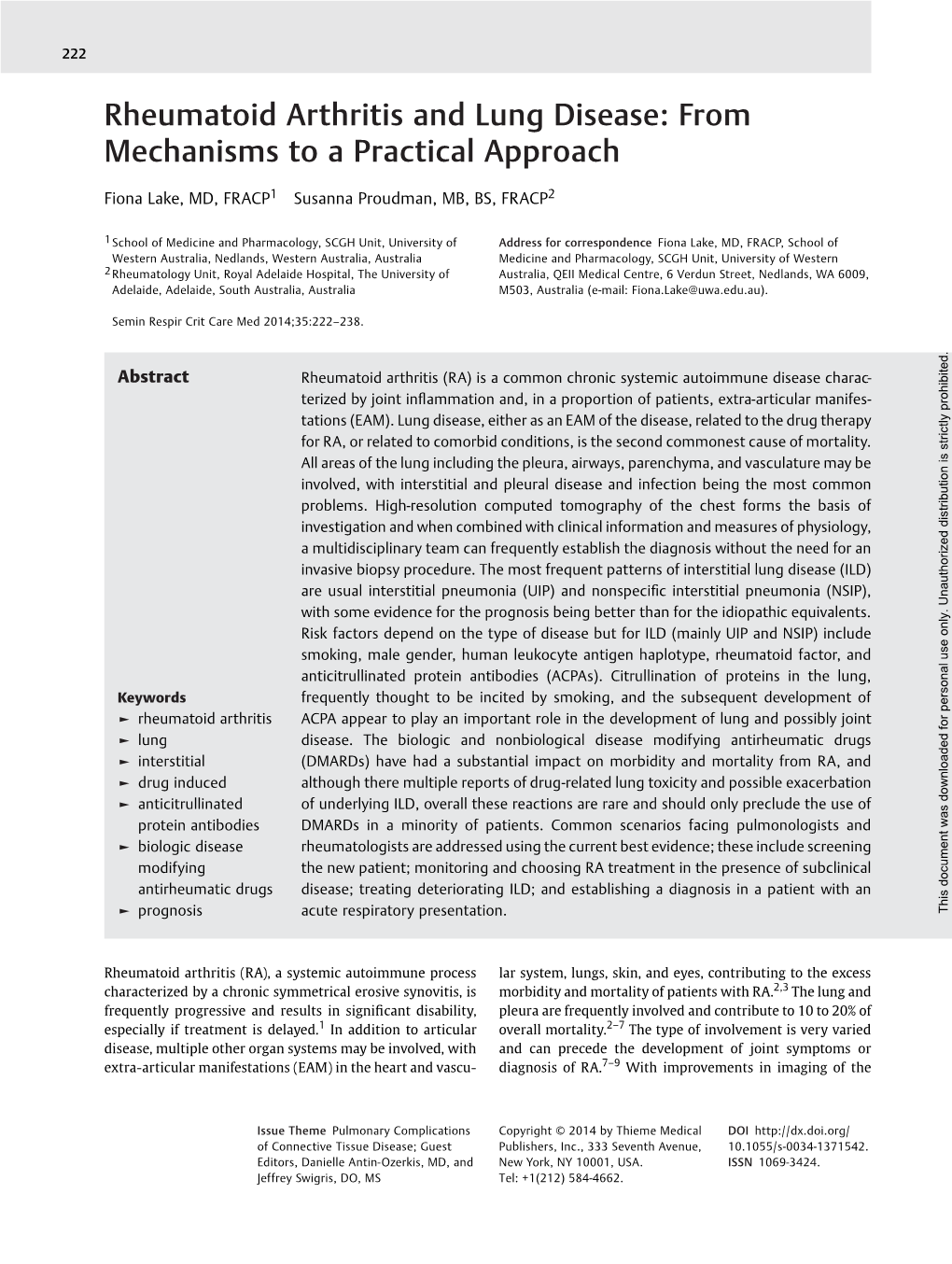 Rheumatoid Arthritis and Lung Disease: from Mechanisms to a Practical Approach