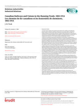 Canadian Railways and Unions in the Running Trade, 1865-1914 Les Chemins De Fer Canadiens Et Les Fraternités De Cheminots, 1865-1914 J