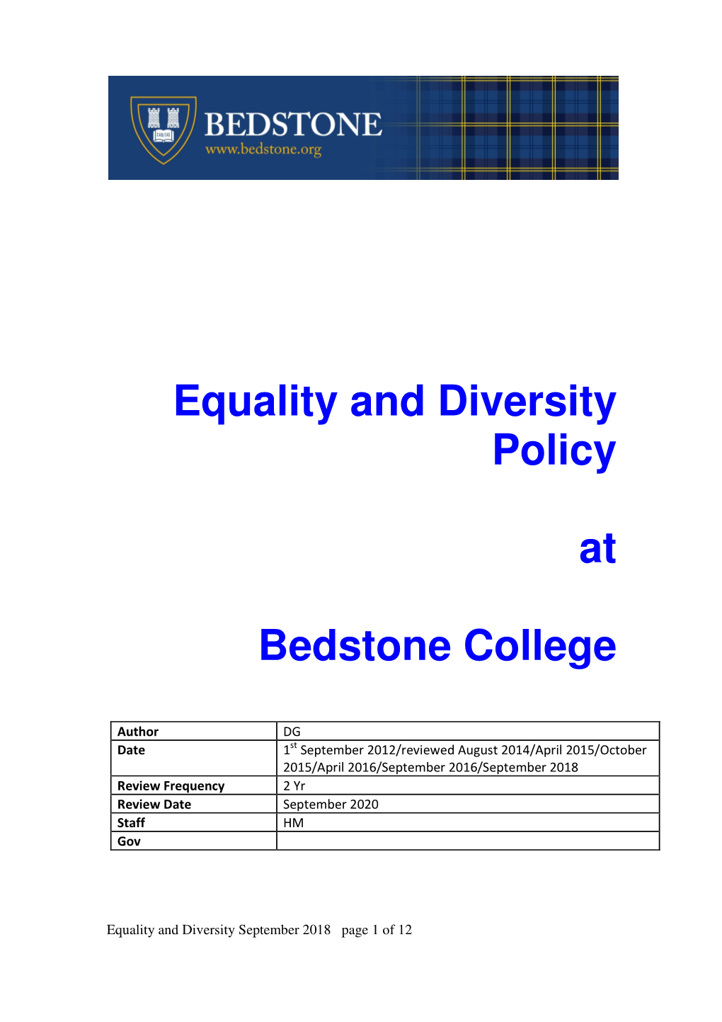 Equality and Diversity Policy at Bedstone College