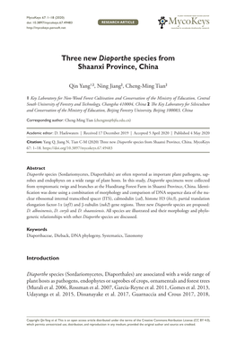 Three New Diaporthe Species from Shaanxi Province, China