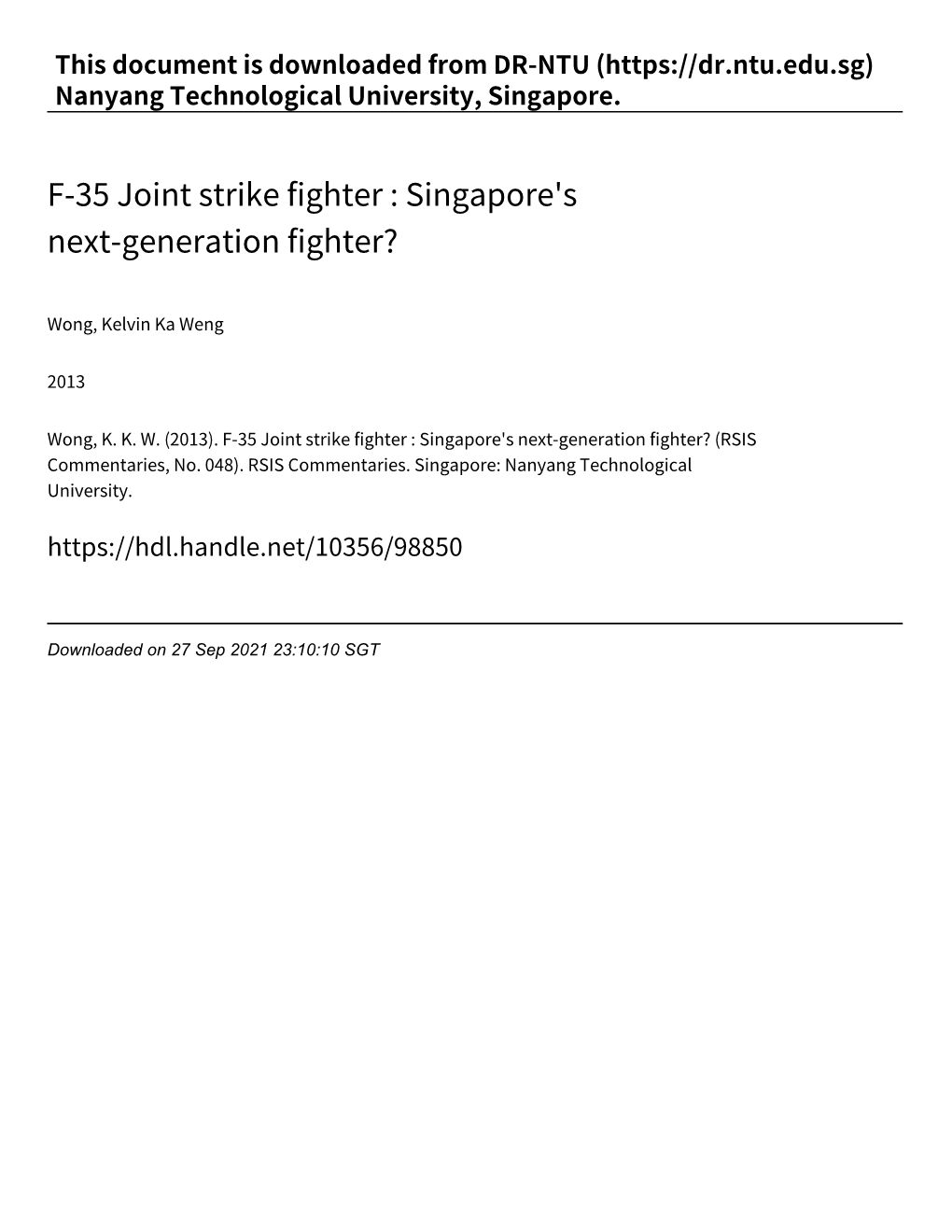 F‑35 Joint Strike Fighter : Singapore's Next‑Generation Fighter?