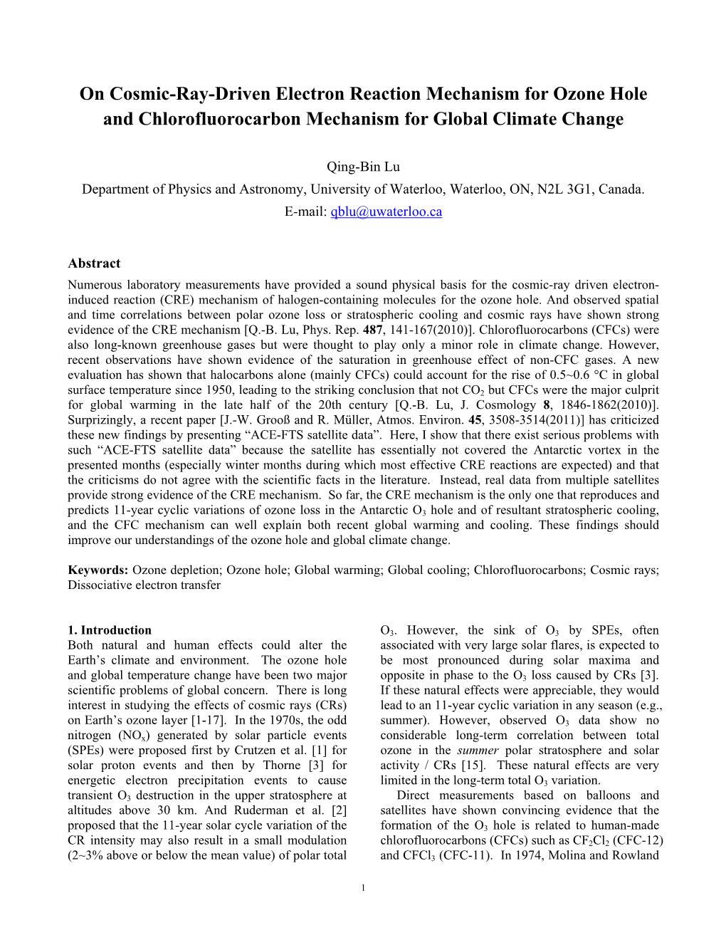 On Cosmic-Ray-Driven Electron Reaction Mechanism for Ozone Hole and Chlorofluorocarbon Mechanism for Global Climate Change