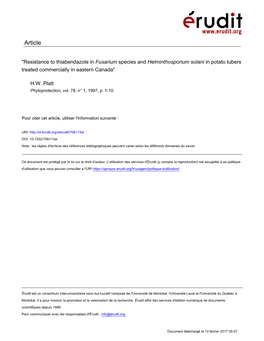 Resistance to Thiabendazole in Fusarium Species and Helminthosporium Solani in Potato Tubers Treated Commercially in Eastern Canada"