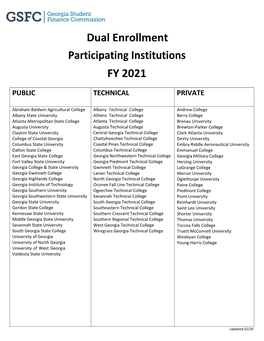 Dual Enrollment Participating Institutions FY 2021