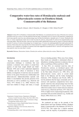 Comparative Water-Loss Rates of Hemidactylus Mabouia and Sphaerodactylus Notatus on Eleuthera Island, Commonwealth of the Bahamas