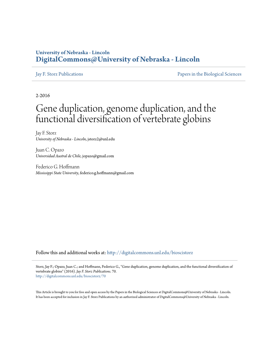 Gene Duplication, Genome Duplication, and the Functional Diversification of Vertebrate Globins Jay F