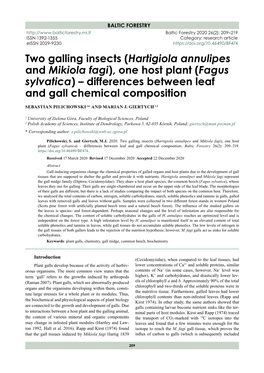 Hartigiola Annulipes and Mikiola Fagi), One Host Plant (Fagus Sylvatica) – Differences Between Leaf and Gall Chemical Composition