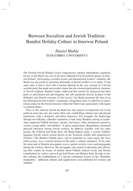 Between Socialism and Jewish Tradition: Bundist Holiday Culture in Interwar Poland