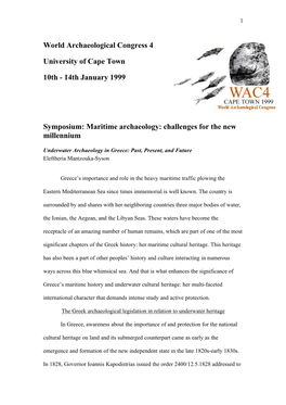 Maritime Archaeology: Challenges for the New Millennium