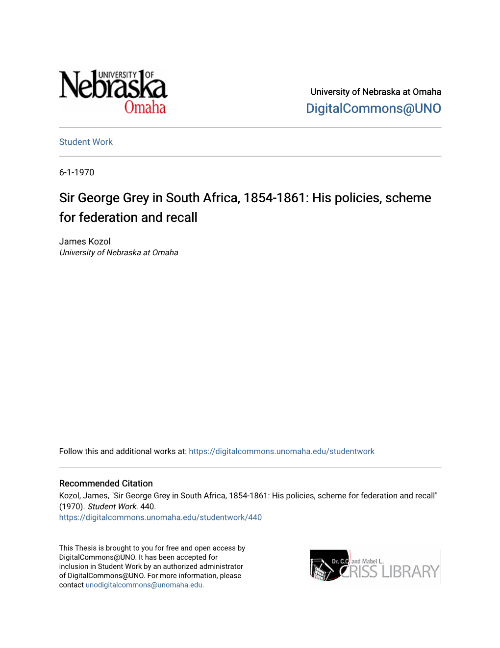 Sir George Grey in South Africa, 1854-1861: His Policies, Scheme for Federation and Recall