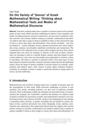 Genres’ of Greek Mathematical Writing: Thinking About Mathematical Texts and Modes of Mathematical Discourse