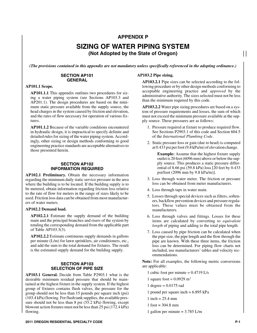APPENDIX P SIZING of WATER PIPING SYSTEM (Not Adopted by the State of Oregon)