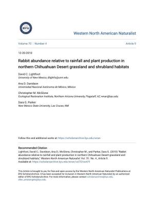 Rabbit Abundance Relative to Rainfall and Plant Production in Northern Chihuahuan Desert Grassland and Shrubland Habitats