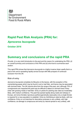Rapid Pest Risk Analysis (PRA) For: Aproceros Leucopoda