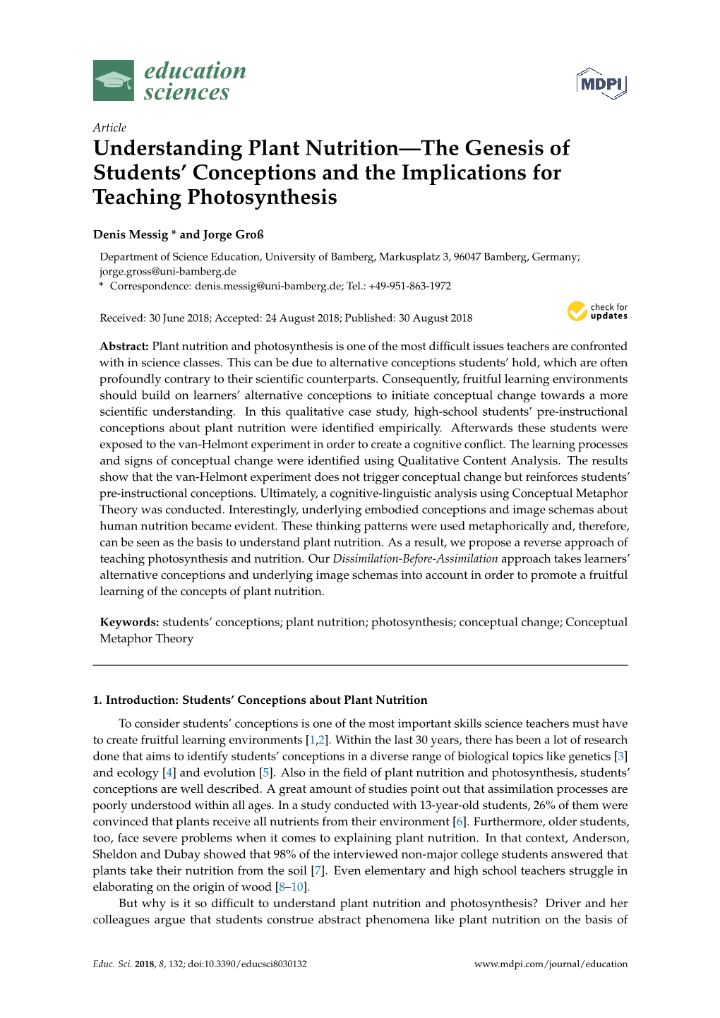 Understanding Plant Nutrition—The Genesis of Students' Conceptions