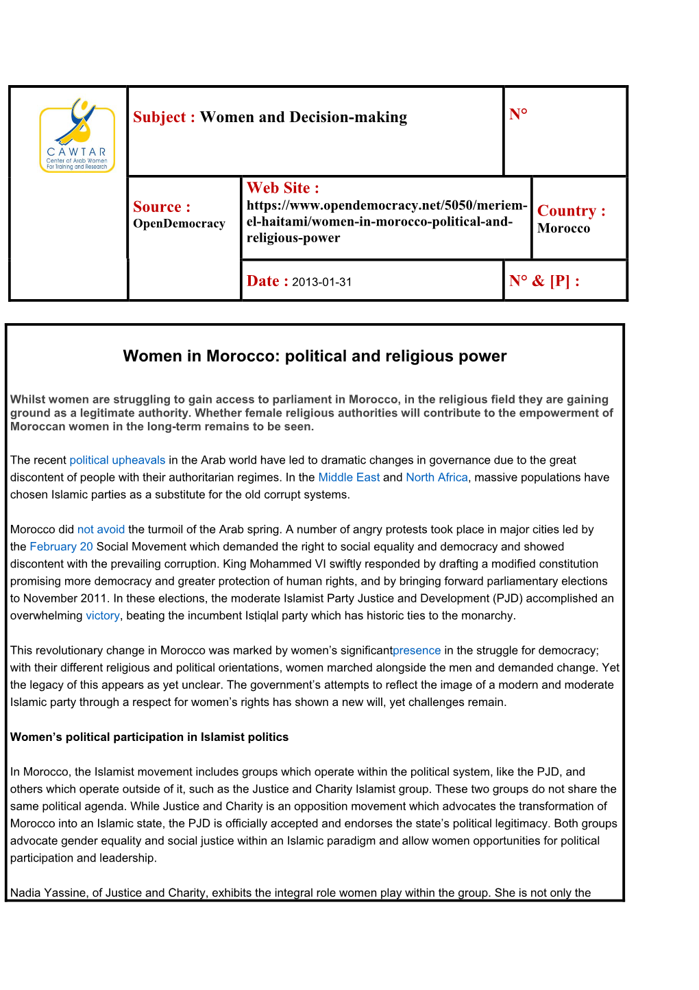 Women in Morocco: Political and Religious Power