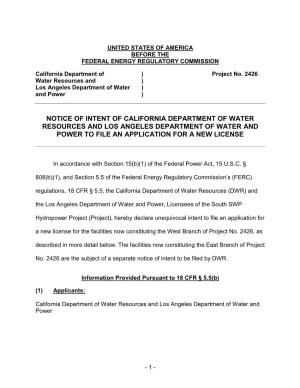 Notice of Intent of California Department of Water Resources and Los Angeles Department of Water and Power to File an Application for a New License