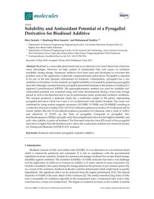 Solubility and Antioxidant Potential of a Pyrogallol Derivative for Biodiesel Additive