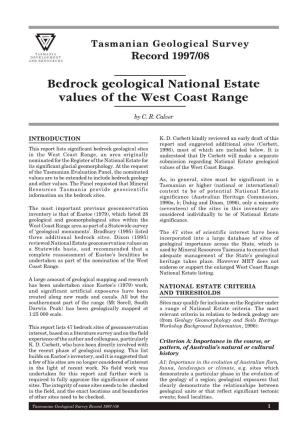 Bedrock Geological National Estate Values of the West Coast Range