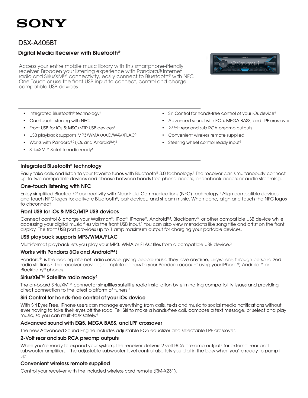 DSX-A405BT Digital Media Receiver with Bluetooth®