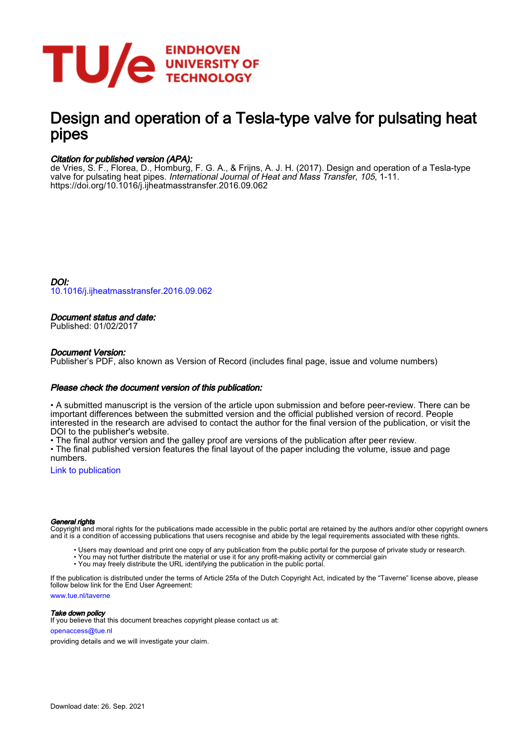 Design and Operation of a Tesla-Type Valve for Pulsating Heat Pipes