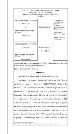 Estado Libre Asociado De Puerto Rico Tribunal De Apelaciones Región Judicial De Bayamon-Aibonito Panel Vi