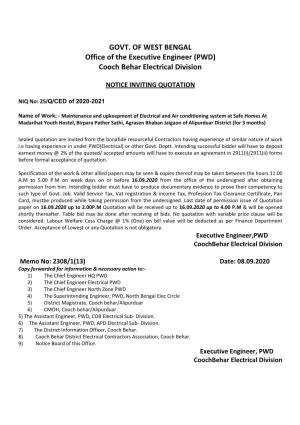 GOVT. of WEST BENGAL Office of the Executive Engineer (PWD) Cooch Behar Electrical Division