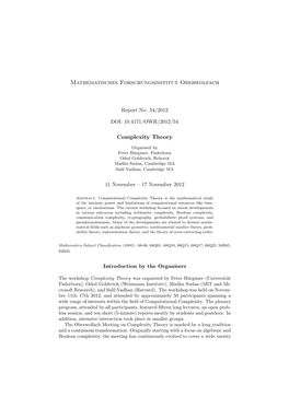 Mathematisches Forschungsinstitut Oberwolfach Complexity Theory